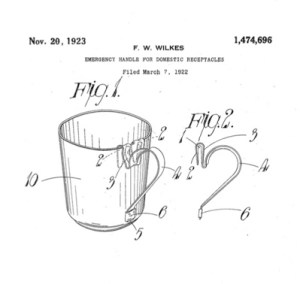 “Emergency Handle For Domestic Receptacles”, patented in 1922 by inventor Frederick Warren Wilkes of Birmingham, UK.