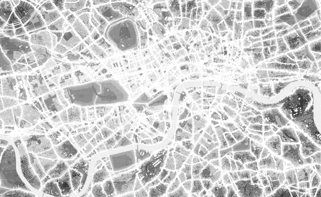 "Silent London" by Simon Elvins, 2005. Using information the government has collected on noise levels within London, a map has been plotted of the capitals most silent spaces. The map intends to reveal a hidden landscape of quiet spaces and shows an alternate side of the city that would normally go unnoticed.