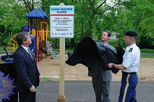 "Mayor Karl Dean remarked it was hard to believe three years have passed since the May 2010 flood, when it rained for 48 straight hours, which was more than the city had seen in its recorded history. The Mayor added that the placement of the High Water Mark sign at England Park is a way of providing continued education about flood risks so citizens can be better prepared to protect themselves and their property. Scott Potter and Commander DeLapp then joined the Mayor to unveil the city’s first sign." From FEMA
