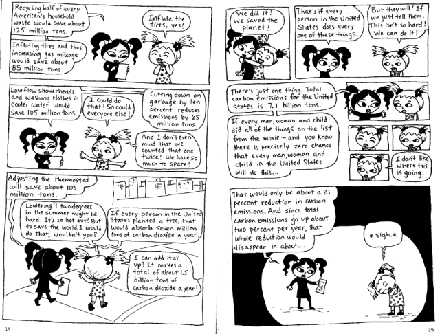 Page from "As the World Burns: 50 Simple Things You Can Do to Stay in Denial-A Graphic Novel" by errick Jensen, Stephanie McMillan, Seven Stories Press, 2011.