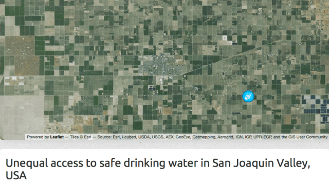 One of the cases: "San Joaquin Valley is one of the most productive agricultural regions in the United States. The estimated annual gross value of of agriculture in the Valley is more than $25 billion [1] For many years the region has dealt with water shortages and ground water contamination from pesticides, arsenic, and nitrate as a result of intensive agricultural production. The region is home to a large Latino population and studies have found a correlation between ethnicity and access to safe drinking water [2]. The San Joaquin Valley also has some of the highest poverty rates in the state of California. Local communities have protested the unequal water access and the story has gained increasing media attention. It is likely to draw more activists and organizations to the cause as severe droughts are predicted in the area for 2014."