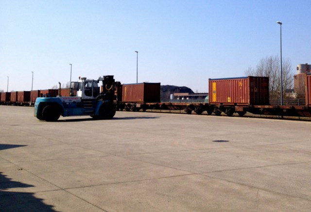 One of the service vehicles used to unload the shipping containers from the rail lines. Author’s photo.