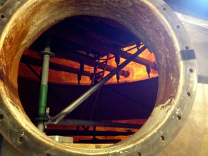 Scaffolding set up so workers can clean inside one of the pieces of flue gas cleaning equipment, produced, Georg thinks, in Taiwan. Author’s photo.