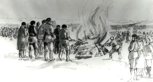 Historic Doukhobor 1895 Arms burning sketch by William Perehudoff, artist from Saskatoon, Saskatchewan, Canada.