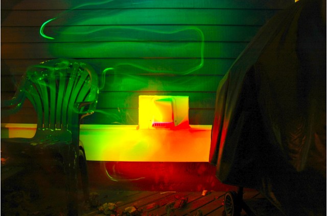 Image produced with a Thermal Flashlight by the Firelog Collective. Hotter areas are red, and colder areas are blue. Green indicates the mid-range of temperature.