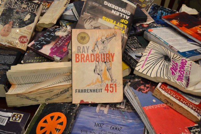 Bradbury book on table at our press conference announcing the lawsuit. (photo: M. Oman-Reagan