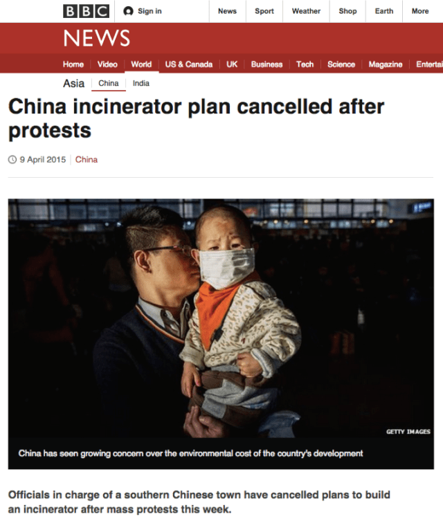 BBC News article about local protests against incinerators in China from April 2015. 