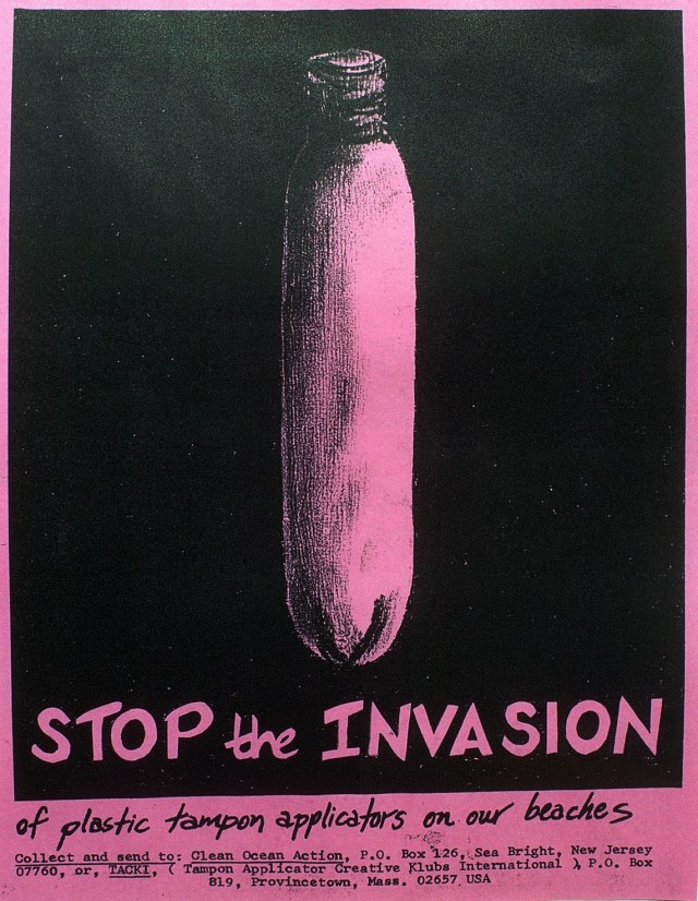 Black and pink poster that says "Stop the invasion" under a tampon applicator shaped like a dropping bomb.