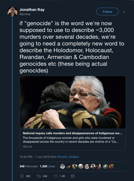 screeshot of tweet claiming that MMIWG is not "real" genocide